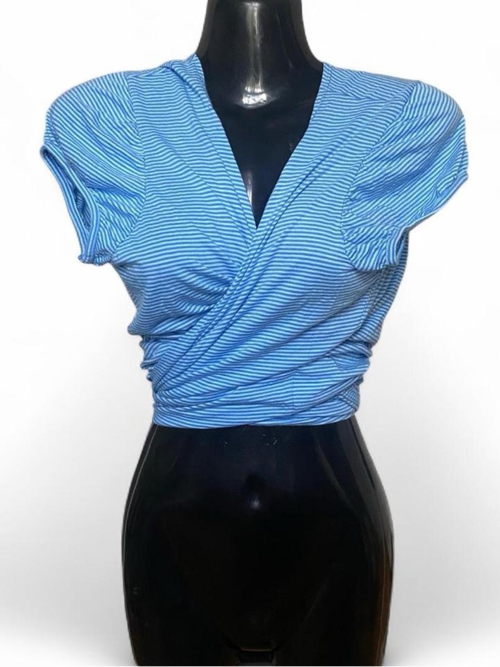 Old Navy Light Blue Striped Wrap Around Tie Top Blouse